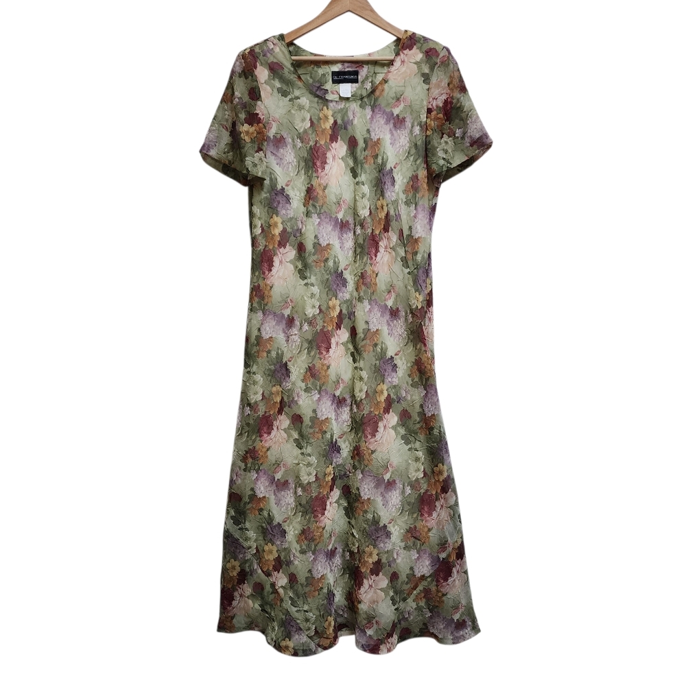 De Frantoria Dress Sz 16 Green Floral Sheer Crinkle Lined Short Slv Maxi Party